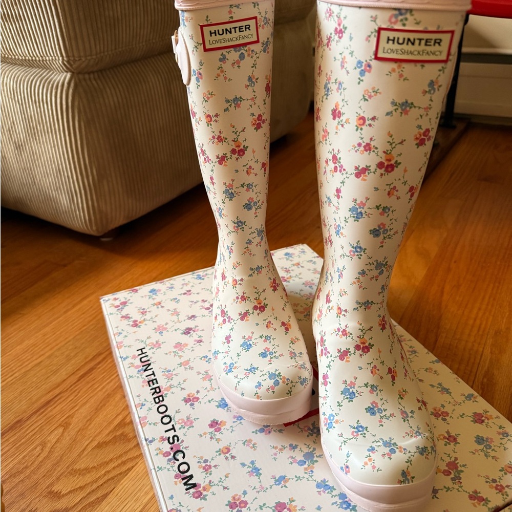 Hunter White Boots with Pink and Blue Floral Design love shack Fancy